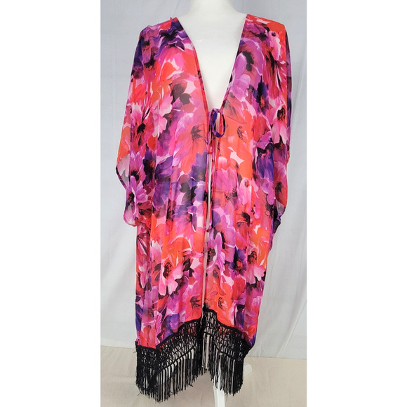 Catalina Floral Chiffon Fringed Cap Sleeve Open Front Swimsuit Cover-Up Size XL - Picture 1 of 9